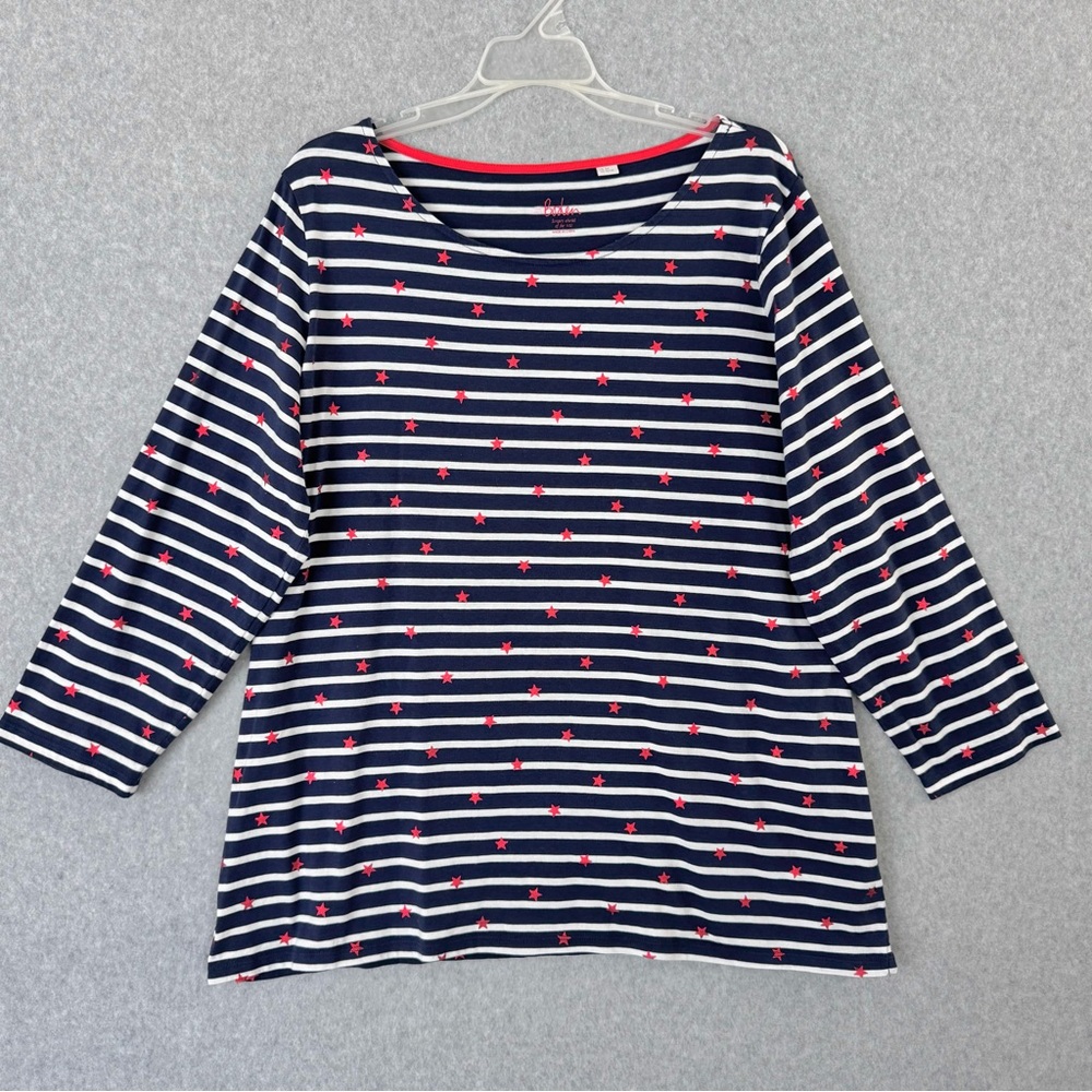 Boden T Shirt Women 16 / 18 Blue White Striped Red Stars Long Sleeve Cotton READ